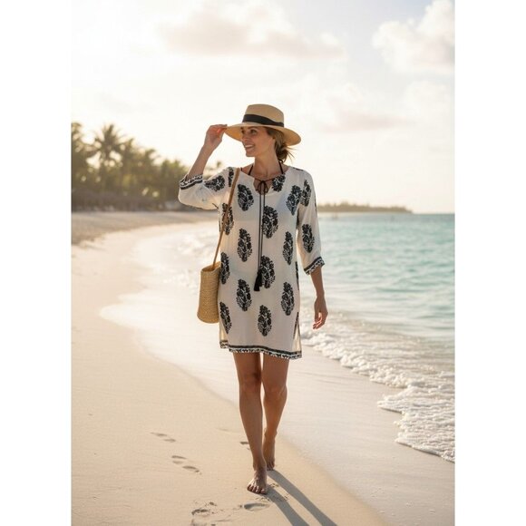 Unknown Dresses & Skirts - Boho-Inspired Cream & Black Tunic Dress With Tassel Tie Neckline And 3/4 Sleeves